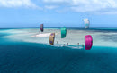 Riders com kites Duotone Dice SLS 2026 de várias cores junto a um banco de areia