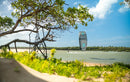 Rider a navegar com o Duotone Evo SLS 2026 numa praia de lagoa com mangais