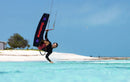 Reno Romeu riding the Duotone Evo SLS 2027 with a Click Bar in a tropical lagoon, same model as the Concept Blue