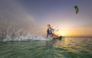 Karina Linares riding the Duotone Evo SLS 2027 on flat water at sunset, same model as the Concept Blue