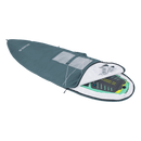 Duotone Boardbag Single Surf 2027 verde abierta con una tabla de surf de punta afilada dentro