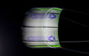 Kite Duotone Rebel SLS 2027 (version coloris) noir, vert citron et blanc en mouvement, photo en filé