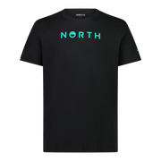 Black North Brand Tee 2026, front view, with aqua green NORTH logo on the chest