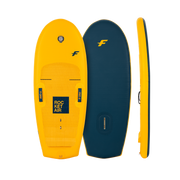 Previous-version F-ONE Rocket Air inflatable board in yellow and navy blue, deck, hull and side views