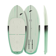 Prancha F-ONE Rocket Wing-S da geração anterior em branco e verde-menta, vista do deck, do fundo e de perfil
