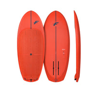 Previous-generation F-ONE Rocket Wing-S board in orange-red, deck, bottom and side view